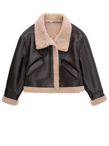 Airchics court manteau aviateur simili cuir boutonnage avec poches col revers manches longues femme style boyfriend